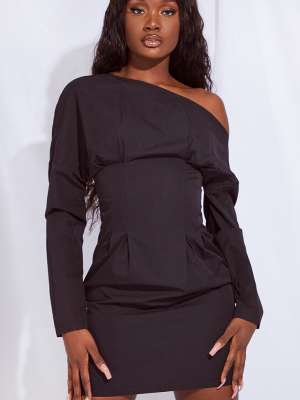 Tall Black Detail Corset Long Sleeve Dress