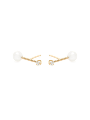 14k Gold Barbell Diamond And Pearl Studs