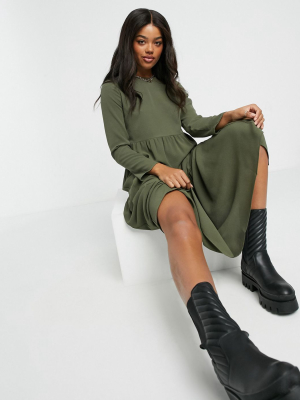 Asos Design Long Sleeve Tiered Smock Midi Dress In Khaki