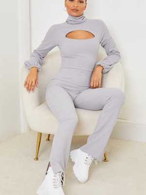 Grey Soft Crinkle Rib Roll Neck Cut Out Jumpsuit