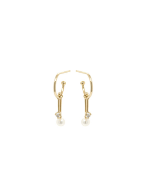 14k Dangling Diamond And Tiny Pearl Bar Thin Huggie Hoops