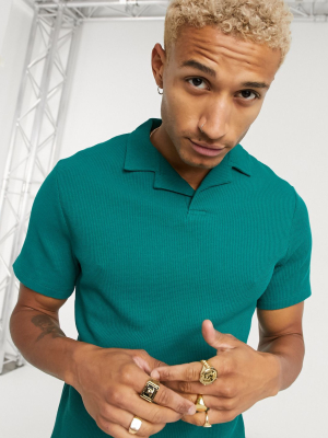 Asos Design Waffle Revere Polo In Teal
