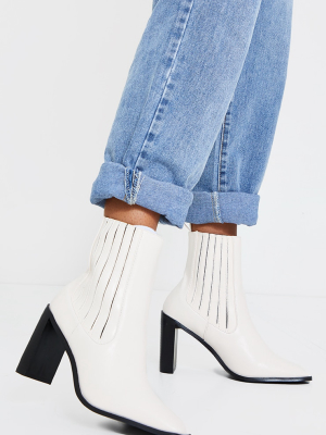 Cream High Flat Block Heel Covered Chelsea Boot