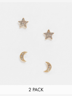 Asos Design Pack Of Two Crystal Stud Earrings In Moon And Star Design In Gold Tone