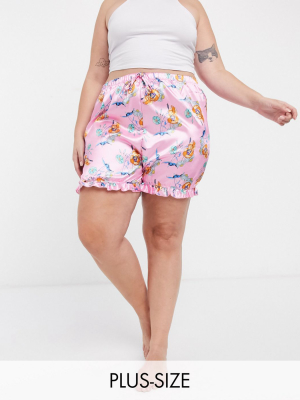 Outrageous Fortune Plus Sleepwear Satin Frilly Short In Pink Floral