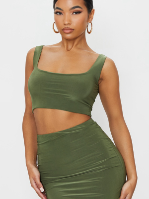 Khaki Slinky Round Neck Sleeveless Crop Top