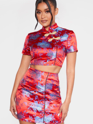 Red Print Satin A Line Skirt