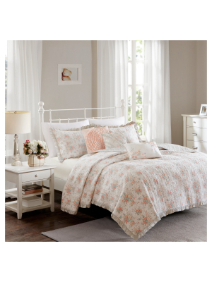 Coral Desiree Cotton Percale Quilt Set