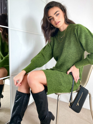 Selected Femme Knitted Dress With Exaggerated Sleeved In Green