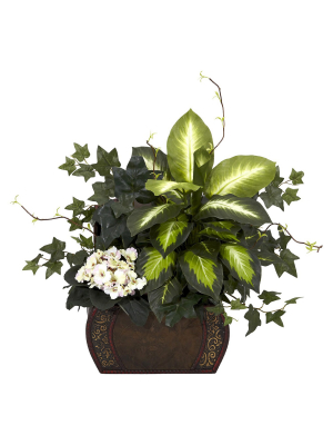 Nearly Natural African Violet, Dieffenbachia & Ivy W/chest Silk Plant