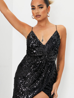 Petite Black Sequin Wrap Front Strappy Bodycon...