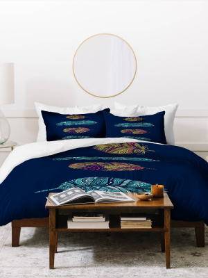 Stephanie Corfee Doodle Feather Collecountion Duvet Queen Navy - Deny Designs