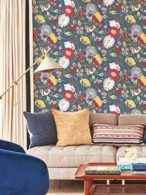 Vincent Poppies Wallpaper In Navy From The Conservatory Collection By York Wallcoverings