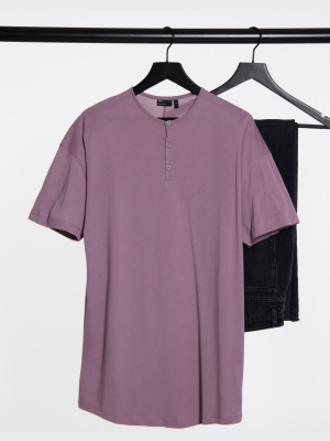 Asos Design Relaxed Fit Longline Band Collar Tee In Washed Lilac