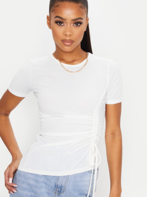 White Rib Ruched Side T Shirt