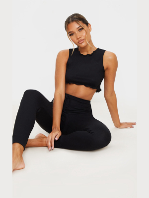 Black Ribbed Legging And Frill Edge Crop Pj Set