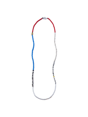 African Seed Bead Necklace Red, Blue, White & Black