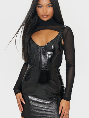 Black Pu Mesh Underlayer Bodycon Dress