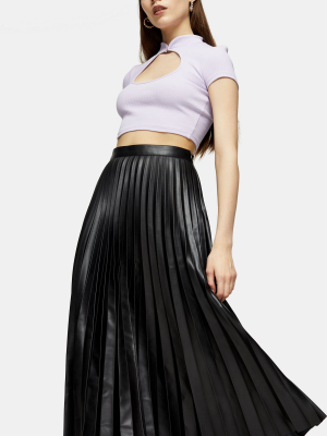 Black Pleated Pu Midi Skirt