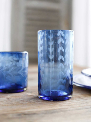 Etched Tall Glass - French Blue Leaves