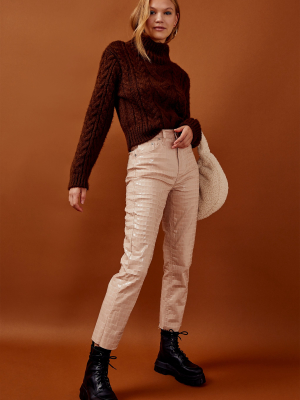 Brown Cable Knitted Crop Roll Neck Sweater