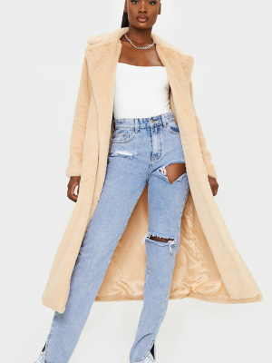 Tall Taupe Belted Faux Fur Coat