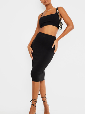 Black Stretch High Waist Midi Skirt