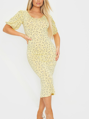 Yellow Disty Print Scoop Neck Midi Dress