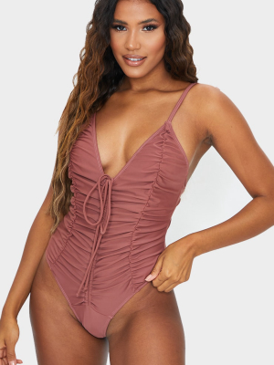 Brown Adjustable Ruched Swimsuit