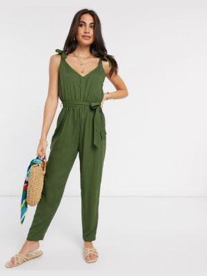 Asos Design Tie Strap Jumpsuit In Khaki