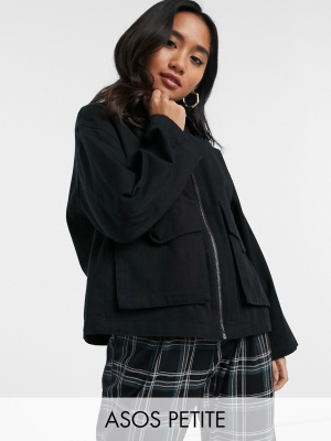 Asos Design Petite Cotton Pocket Shacket In Black