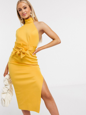 Asos Design Paperbag Halter Pencil Midi Dress In Mustard