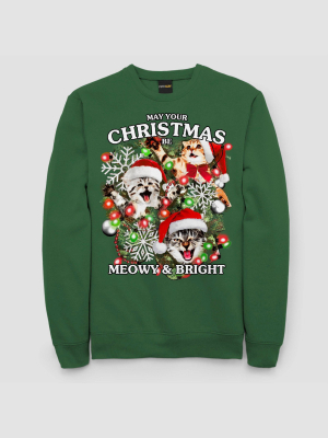 Men's Cat Music Speaker Ugly Christmas Holiday Fleece Sweatshirt - Kelly Green