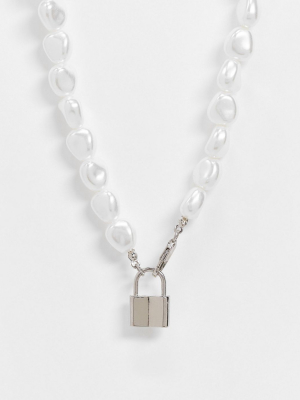 Asos Design Necklace With Pearls And Mini Padlock In Silver Tone