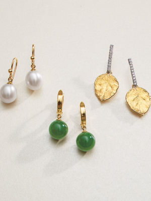 Gold Hoop & Green Nephrite Jade Bead Earrings