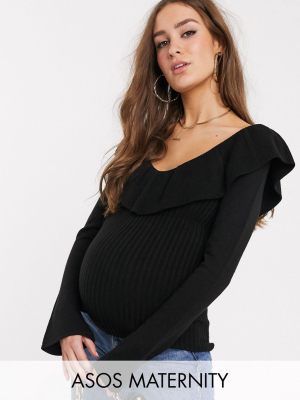 Asos Design Maternity Sweater With Ruffle Front And V Back