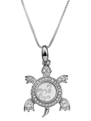 Cubic Zirconia Turtle Floating Locket In Sterling Silver (18")