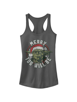 Junior's Star Wars Christmas Yoda Merry You Will Be Racerback Tank Top