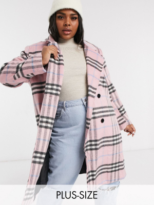 Wednesday's Girl Curve Longline Tailored Coat In Pastel Check