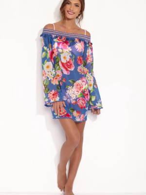 Chloe Off Shoulder Kaftan - Indigo Blue Floral Print