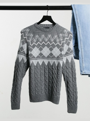 Asos Design Cable Knit Fairisle Sweater In Gray