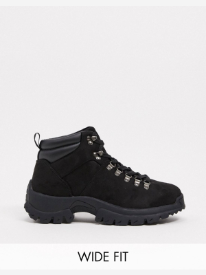 Asos Design Wide Fit Hiker Boots In Black Faux Suede