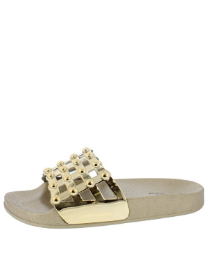 Chrome01s Gold Open Toe Stud Caged Mule Slide Sandal