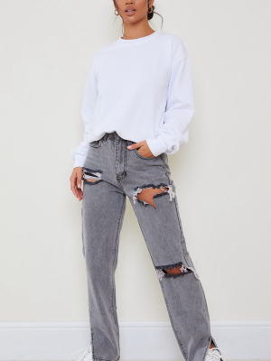 Petite Grey Distressed Split Hem Jeans