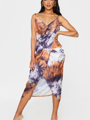 Multi Tie Dye Satin Gathered Hip Strappy Midi...