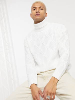 Asos Design Textured Cable Knit Roll Neck Sweater In White