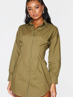 Khaki Fitted Waist Shirt Dress