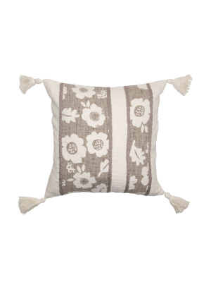 Taupe And White Floral Print Hand Woven 18 X 18 Inch Decorative Cotton Throw Pillow Cover With Insert And Hand Tied Tassels - Foreside Home & Garden