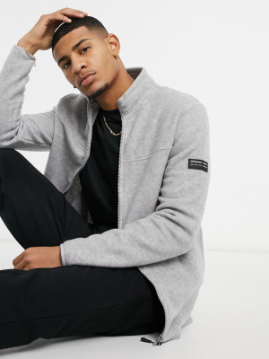 Asos Design Polar Fleece Track Jacket With Badge In Gray