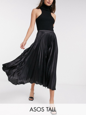 Asos Design Tall Satin Pleated Midi Skirt In Black